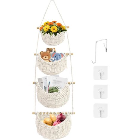 4 Niveaux Panier Suspendu Mural, Corde Coton Rangement Suspendre sur Porte Sac Amovible avec 4 Crochets, Corbeille de Fruits Décor Bohème pour Cuisine Chambre à Coucher Salon, Beige (1/5)
