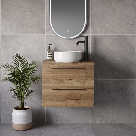 Napoli 390 Tobacco Oak 600mm Wall Mounted 2 Drawer Vanity Unit for Countertop Basins - 600mm - Gunmetal Grey 320mm Handle