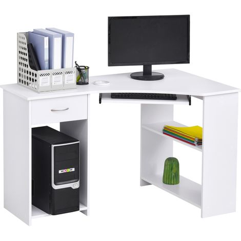L-Shaped Corner Computer Desk w/ 2 Shelves Wide Worktop Keyboard Tray Drawer & CPU Stand Home Office Study Bedroom Furniture White
