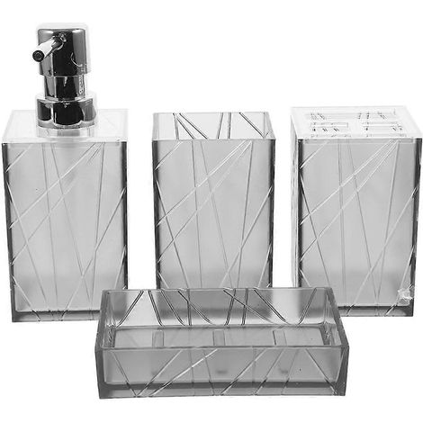 kit de salle de bain comprenant un distributeur de shampoing et de savon liquide pour les mains, un gobelet pour brosse à dents, des accessoires pour distributeur de douche et une brosse à dents.