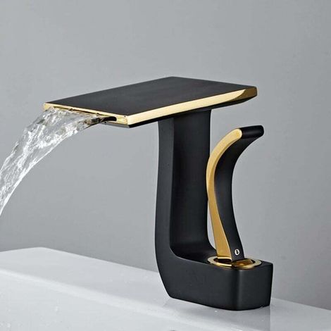 Waterfall Basin Faucet, Hot and Cold Water Tap, Basin Mixer Tap, Single Handle Basin Tap, Brass (Black + Gold) MUMU (1/4)