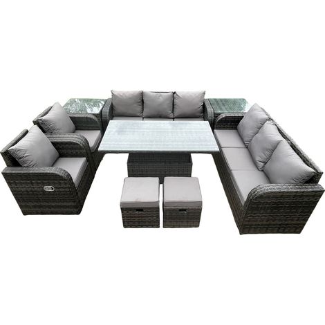 Fimous Rattan Outdoor Gartenmöbel Sets Höhenverstellbarer aufsteigender Esstisch Liegestuhl Sofa Set mit 2 Beistelltischen 2 Kleine Fußhocker Dunkelgrau gemischt (1/5)