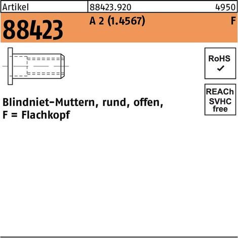 Blindnietmutter A 2 Flachkopf M 6 / 0,25 - 3,5 S 250 Stk