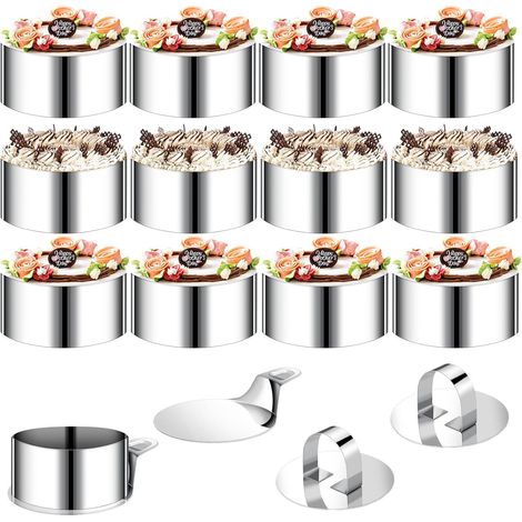 Set de 12 Cercles à Desserts avec 2 couvercles et 2 socles, Cercle de Service en Acier Inoxydable, diamètre 8 cm pour Mousse Ronde, adapté aux moules à Biscuits, Beignets et gâteaux (1/5)