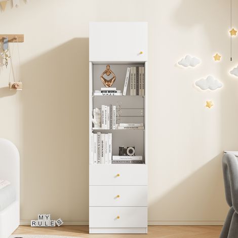 Vitrine haute blanche 50 x 40 x 180 cm avec tiroirs et étagères en verre réglables HAVRYA (1/5)