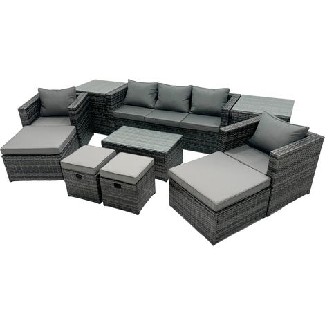 Fimous Outdoor Coffee Table Sofa Armchair Set with 2 Side Tables 2 Big Stools 2 Small Footstools Garden Furniture Set Dark Grey Mixed (1/5)