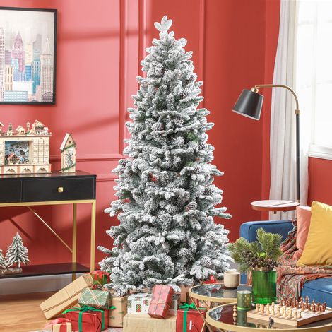 Sapin de Noël artificiel 180 cm Arbre de Noël avec support en métal 1489 branches enneigées. pommes de pin. vert