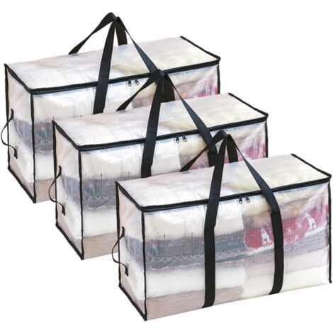 Lot de 3 sacs de rangement transparents avec poignées, organiseur de garde-robe zippé pour literie, couettes, vêtements et édredons (72 L) (1/5)