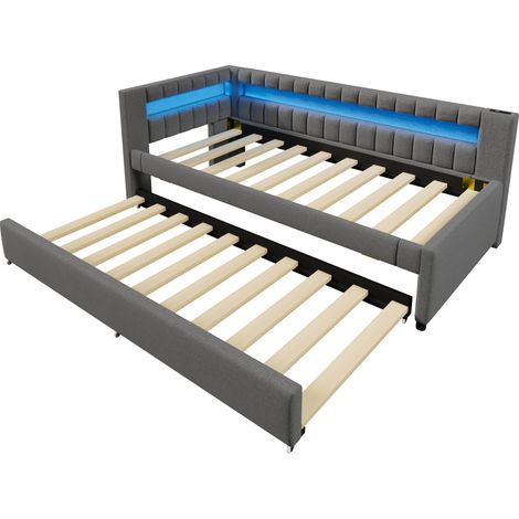 Tagesbett mit Ausziehbett 90 x 200 cm, Leinen grau, LED, USB und Typ C (1/5)