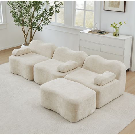 Canapé d’angle modulaire 3 places en velours beige avec ottomane, assise profonde, sans montage (1/5)