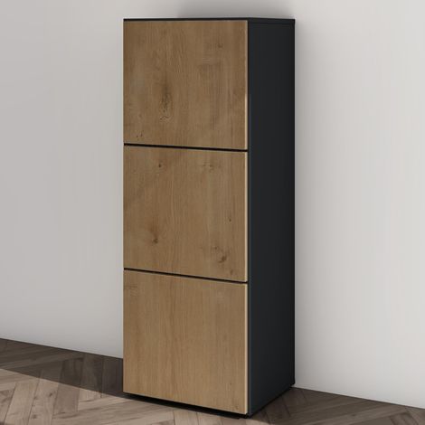 Mai & Mai – Armoire à chaussures 3 compartiments – Dimensions 45x36x120 cm – Bois composite écologique – Design soft-close gris noir mat + marron clair