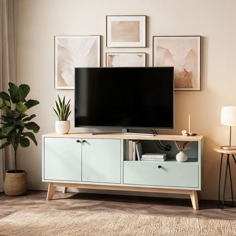 Meuble TV 120 cm vert clair avec 2 portes tiroir et étagère (1/5)