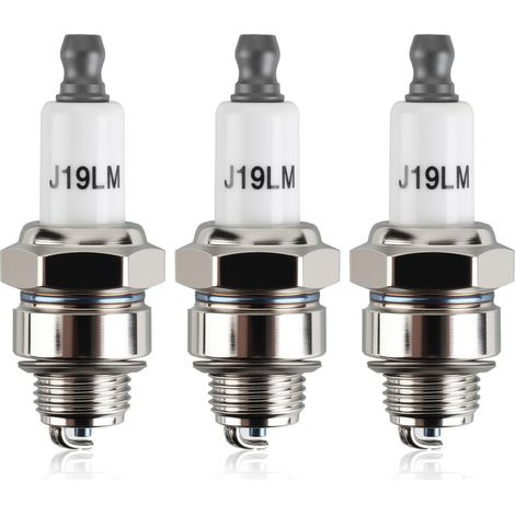 Bougies d'allumage RJ19LM - Lot de 3 - Acier inoxydable - Moteurs 4 temps - Tondeuses et souffleuses - Compatible 796112 (1/5)