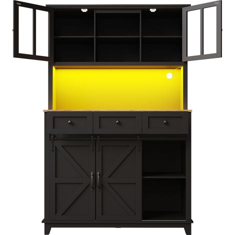 Armoire de cuisine (105×38.4×180cm), buffet haut de cuisine, vitrine, buffet avec étagères réglables, meuble de rangement avec éclairage LED, couleurs de lumière variables, noir (1/5)