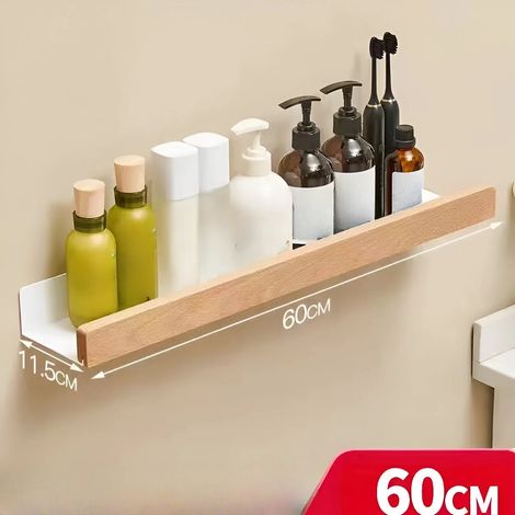Étagère de rangement murale en bois de hêtre (bois brut blanc - 60 cm) - Modèle lumineux et élégant, non perforé, pour salle de bain ou salon. (1/5)