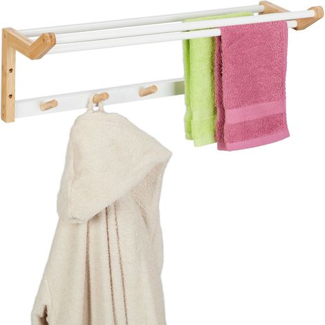 Relaxdays Porte-serviettes mural, HxLxP : 22x60x20 cm, crochets & barres sèche-serviettes, bambou, naturel/blanc (1/5)