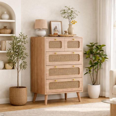 Commode 5 tiroirs bois rotin style bohème avec anti-basculement (1/5)