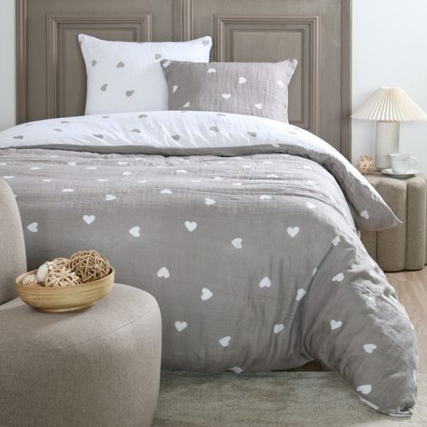 Housse de couette 240x220 COEURS + 2 taies double gaze de coton (1/4)
