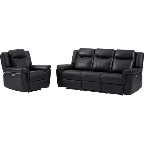 Canapé 3 places et un fauteuil relax électrique en cuir KENNETH - Noir (1/5)