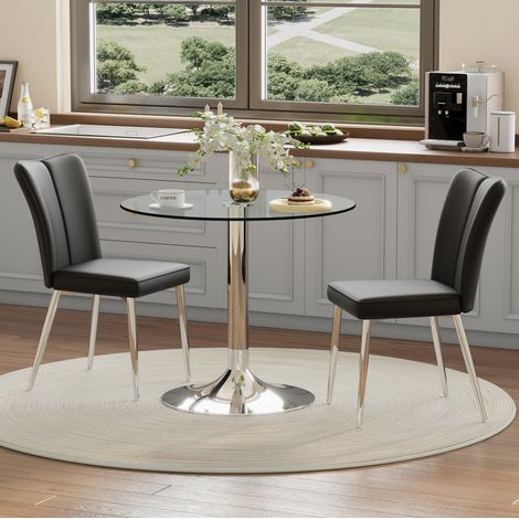 Set da pranzo con tavolo in vetro e 2 sedie in PU nero, nero e argento, tavolo rotondo Ø85x76 cm (1/5)