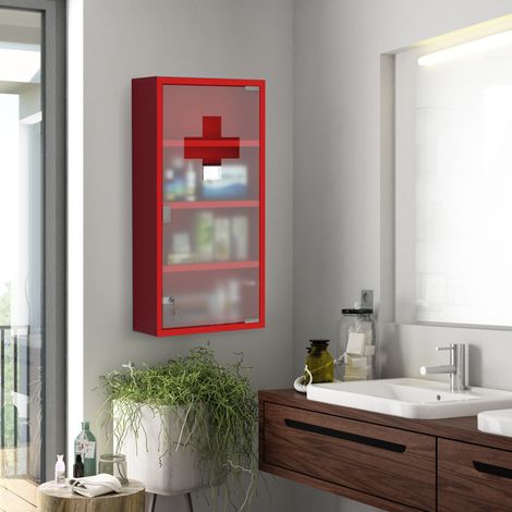 Armoire à pharmacie verrouillable à 4 compartiments, porte vitrée, acier, 60 x 30 x 12 cm, rouge