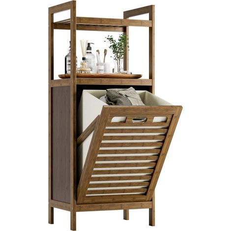 Bamboo Tilt-Out Laundry Hamper Cabinet with Removable Laundry Bag, Bathroom Storage Unit with 2 Open Shelves, Space Saving Clothes Basket, Walnut (1/5)