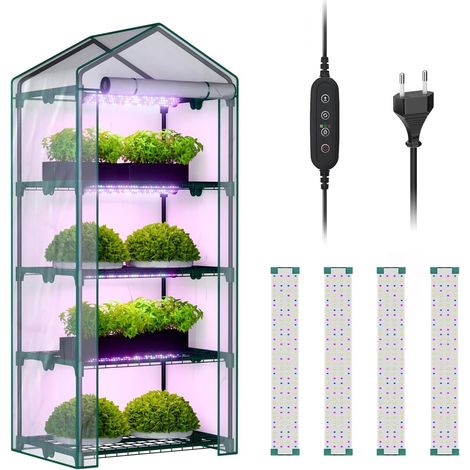 4 Tier Indoor Greenhouse with LED Grow Lights, 27 x 48 x 62 mm, Mini Greenhouse, PVC Cover, Dimmable, Timer Control System 28W for Starting (1/5)