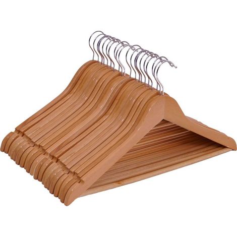 Lot 20 cintres bois naturel robustes, crochets rotatifs & barre pantalon. Support stable objets lourds. Spetebo