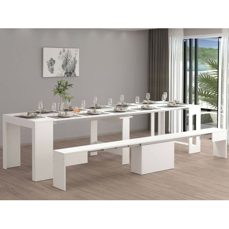 Dmora - Panca Ubertino, Seduta per tavolo da pranzo, Panca singola allungabile, 290x25h45 cm, Bianco lucido (1/5)