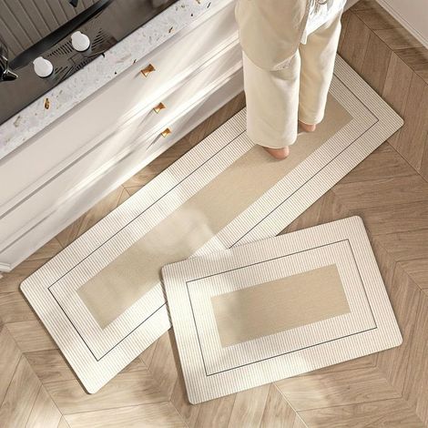 Ensemble de 2 tapis de cuisine absorbants et résistants aux taches, ensemble de tapis de salle de bain antidérapants et lavables, tapis de bain confortable pour bac à lessive (blanc cassé, 45 75 cm + (1/5)