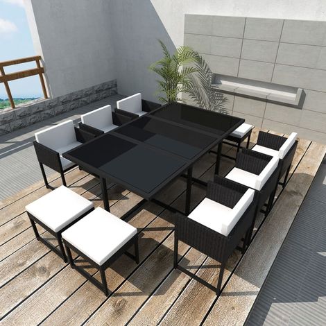 11-tlg. Garten-Essgruppe mit Auflagen Poly Rattan Schwarz vidaXL