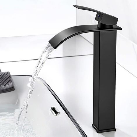 1 Mitigeur lavabo cascade, hauteur 300 mm, corps en laiton, finition noir mat, montage 1 trou, salle de bain