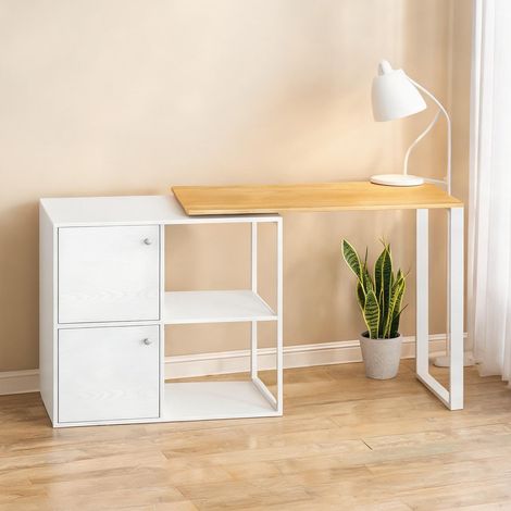 Bureau d'angle en bois blanc avec rangements intégrés (1/5)
