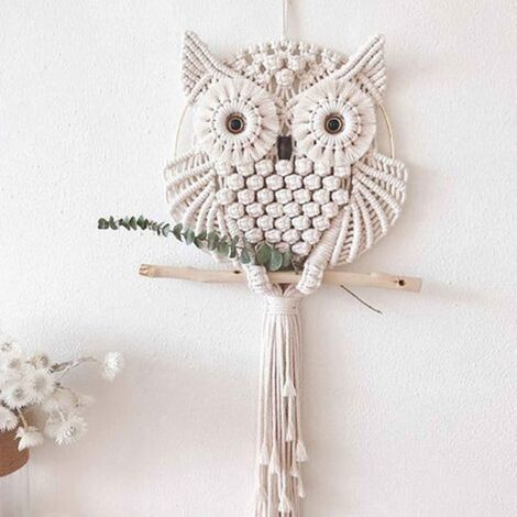 Tapis mural tissé main 15x30cm, forme hibou, style bohème, corde coton, décoration salon chambre, pièce unique. (1/4)