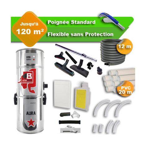 Aspiration centralisée avec sac OTTO BULL AURA 400 INOX garantie 2 ans + flexible rétractable 12 m standard + 7 accessoires + kit 1 prise RETRAFLEX + kit prise balai (rayon d'action 120 m2) (1/5)