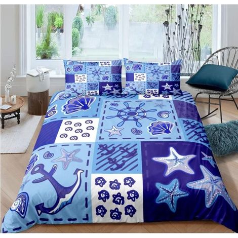 Anchor Parure de Lit 220x240cm Thème Nautique Housse de Couette Dessin animé Starfish Sets de Housse de Couette Blue Ocean - AOG (1/4)