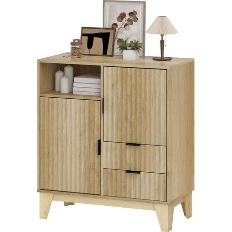 Wohnzimmer-Sideboard mit 2 Türen, 2 Schubladen, verstellbarem Einlegeboden, offenem Fach, 80 x 40 x 90 cm, Naturholz