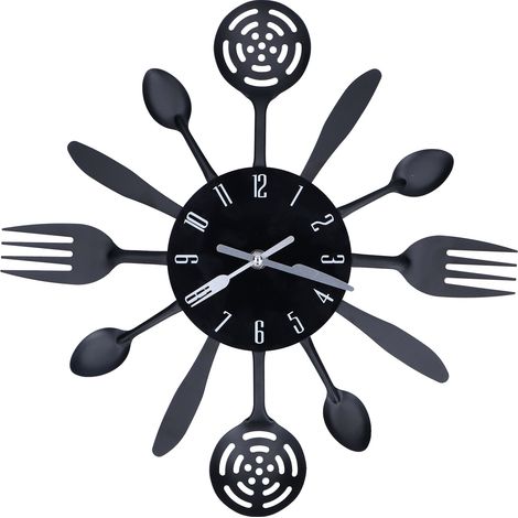 Horloge murale de cuisine noire avec couverts modernes amovibles (cuillère et fourchette), décoration intérieure (1/5)