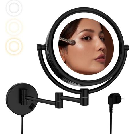 Specchio da trucco a parete illuminato - Specchio ingranditore 5x, nero - 3 colori di luce - Telescopico - Bagno - Doppia faccia, diametro 20 cm (1/4)