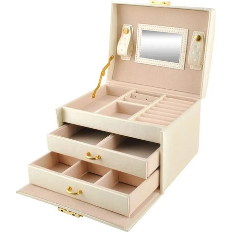 Boîte à bijoux verrouillable avec miroir et poignée, double tiroir, trois couleurs au choix (1/4)