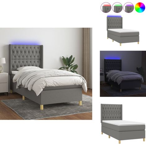 Sommier à lattes de lit matelas LED Gris foncé 100x200 cm Tissu - Sommier Tapissier - Lit Avec Led - Matelas À Ressorts Ensachés - Tête De Lit Ajustable - Éclairage LED (1/5)