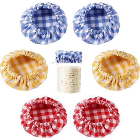 6pcs Couvercle en Tissu, Coton à Carreaux, Pot de Démarrage au Levain Élastiques Housse de Couvercle en Tissu Réutilisable Housse de Bol à Levain pour Bouche de Pot de 7,62 à 10,16cm (1/5)