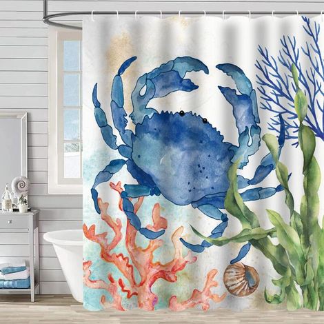 Shower Curtain Tissu Lavable Blue Rideau de Douche Rideau de Textile Vintage en Tissu de Bain Decoration Set with Hooks 180 x 180 cm Turquoise White Tissu Polyester B9319