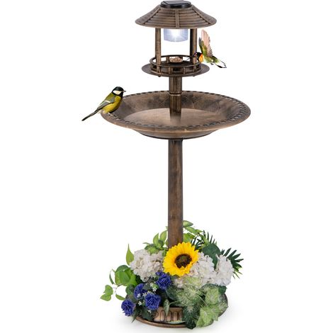 Pedestal Bird Bath with Solar Light with Bird Feeder and Flower Planter-Bronze (1/5)