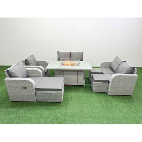 Fimous 9 Seater Outdoor Reclining Chair Love Sofa Set Rattan Garden Furniture Set with Firepit Dining Table 3 Stools Light Grey (1/4)