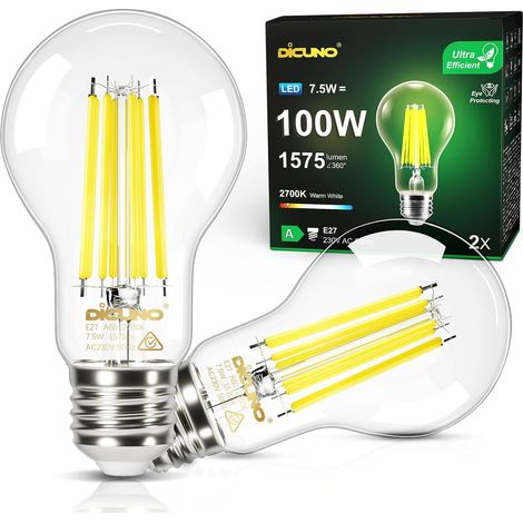 Ampoule LED E27 Ultra Efficient Classe A, 7.5W=100W, 2700K, Lot de 2 Blanc chaud, 1575lm, Verre Clair, Ampoule E27 filament vintage Edison, LED basse consommation, Angle 360°, Non-dimmable (1/5)
