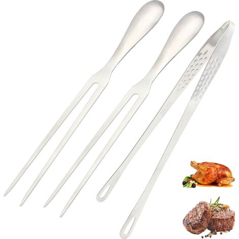 Fourchette à Viande avec Poignée, 2 pièces Fourchette à viande en Acier Inoxydable, 1 pièce Pince de Cuisine, pour Barbecue, Cuisine, Dinde, Rôti, Dîner (26,5 cm) (1/5)
