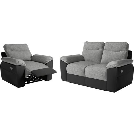 PACK - Canapé de relaxation ROSS électrique 2 places et fauteuil en tissu et simili - Noir/Gris