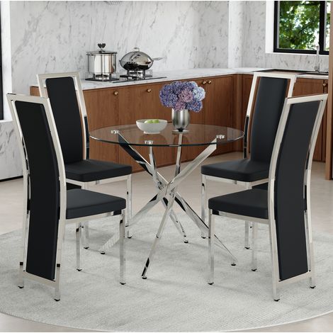 CHICFURN Set tavolo e sedie 88 cm in vetro temperato nero e argento, per 4 persone (1/5)