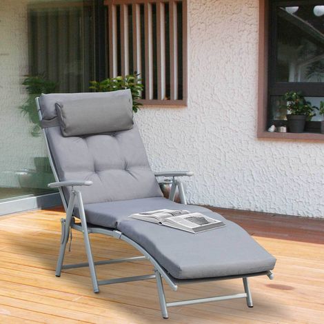 Transat de soleil - Dossier 7 positions - 137 x 63,5 x 100,5 cm- Gris - Coussin épais avec oreiller - Armature métal thermolaqué pour jardin balcon camping (1/5)